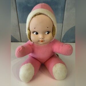 50s knickerbocker kewpie pink stuffie. Plastic face, blonde vintage.